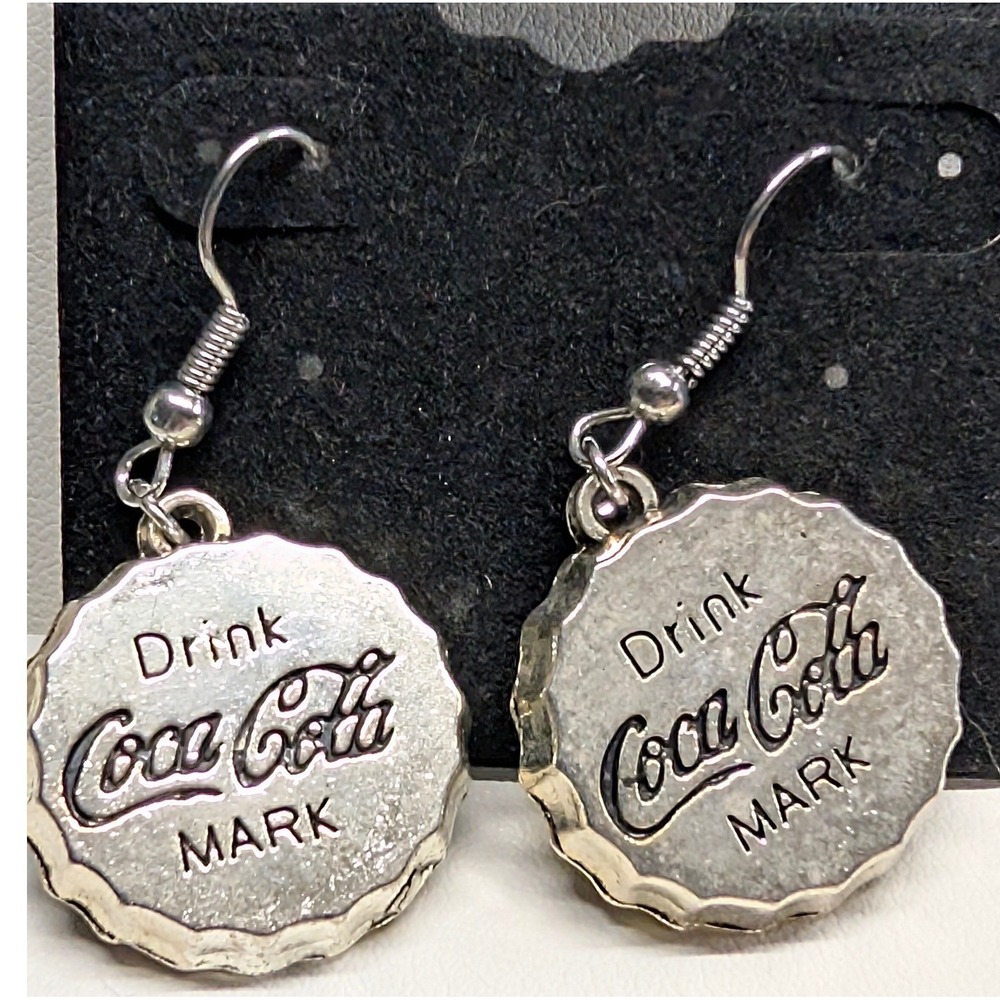 New Drink Coca-Cola Bottle Cap Dangle Earrings Silver Tone Soda Pop Memorabilia